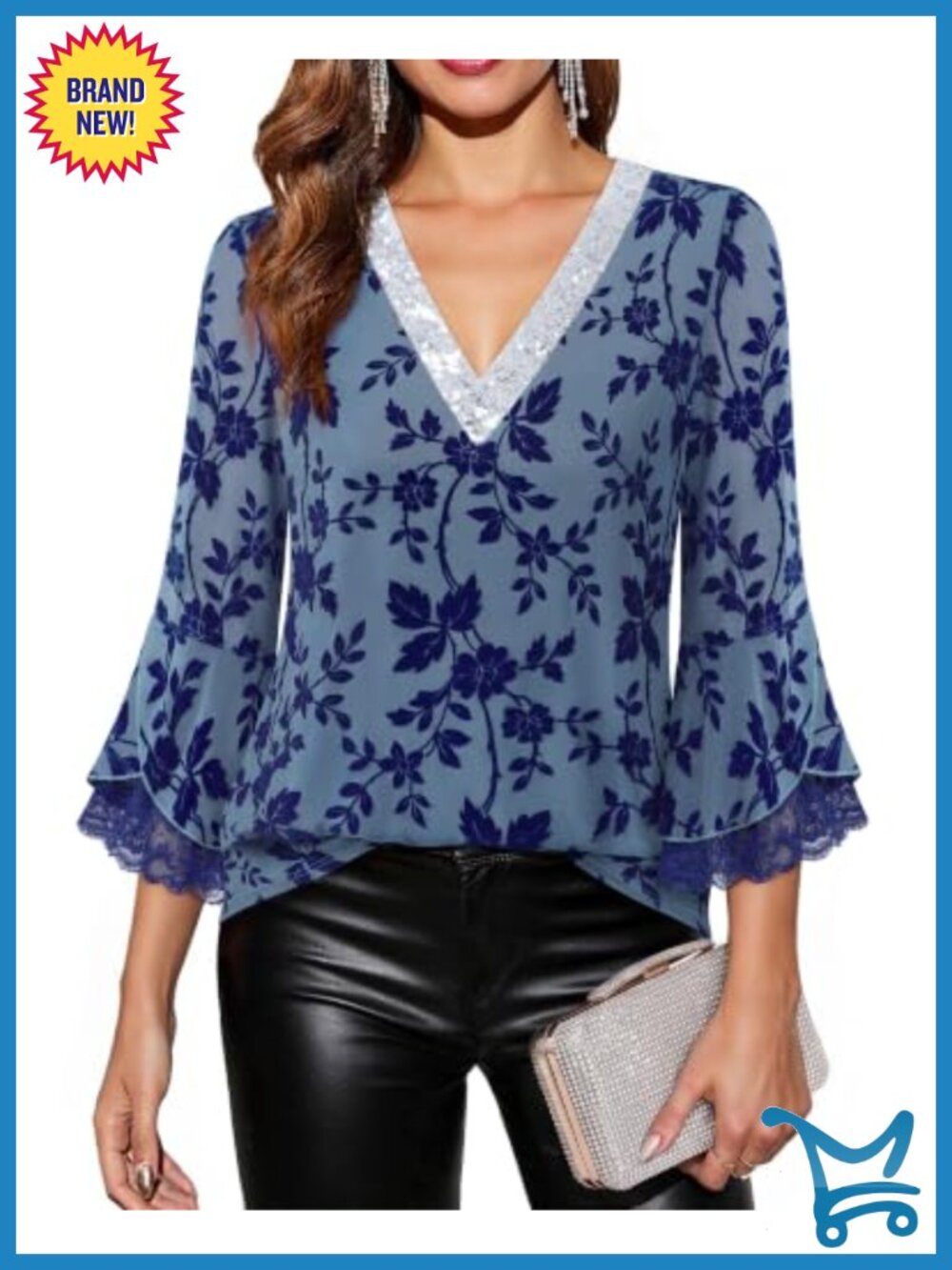 Timeson Lace Petal 3/4 Sleeve Sequin V Neck Blouse